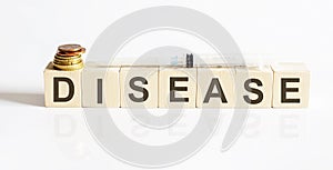 DISEASE word written on wooden cubes on a white background. Medicine