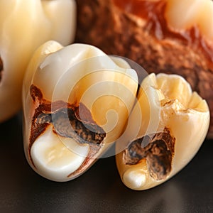 Diseased teeth affected by caries, close-up