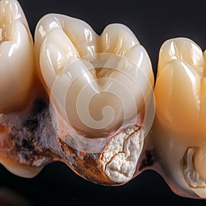 Diseased teeth affected by caries, close-up