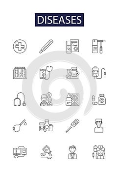 Diseases line vector icons and signs. Illness, Infection, Ill, Virus, Complaint, Contagion, Malady, Disorder outline