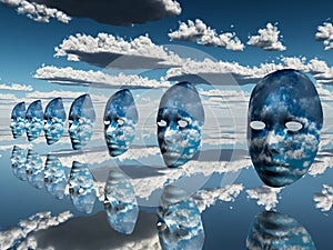 Disembodied faces hover in surreal scene