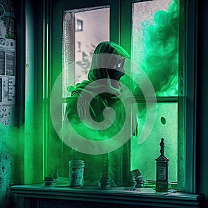 disembodied spirit of a medieval knight in puffs of green smoke on the windowsill