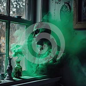 disembodied spirit of a medieval knight in puffs of green smoke on the windowsill