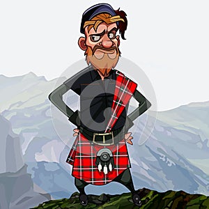 Disgruntled cartoon redhead scottish highlander in kilt stands akimbo high in the mountains