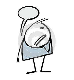 Disgruntled cartoon stickman looks at the interlocutor with hostility and asks a question. Vector illustration of