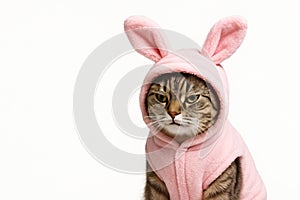A disgruntled cat in a rabbit costume. Space for text.