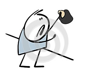 Disgruntled cleaner wipes a dirty spot on the wall with a rag. Vector illustration of a stickman from a cleaning service