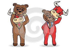 Disguised Bear and bull mask under rival his shirt. Stock market concept. photo