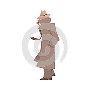 Disguised detective character in grey coat searching, private investigator, inspector or police officer vector photo