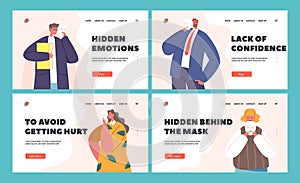Disguising Real Emotions and Feelings Landing Page Template Set. Sad Male and Female Characters Hiding Faces photo