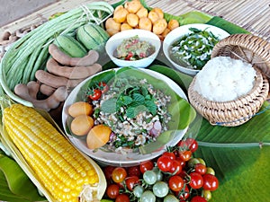 A dish of ant eggs salad or Koi Khai Mod Daeng, the popular local food in Isan, Thailand.