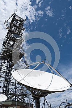 Dish antenna against blue sky.