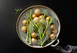 Dish with asparagus sartofel and broccoli. Healthy eating. Generative AI