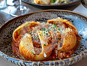 Dish with baked conchiglioni stuffed with ragÃ¹ and Pizzottella