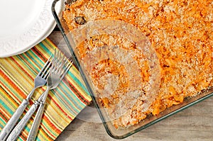 A dish of baked stewed cabbage with tomato paste and mushrooms (Russian Solyanka)