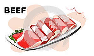A dish of beef sliced on white background and text.