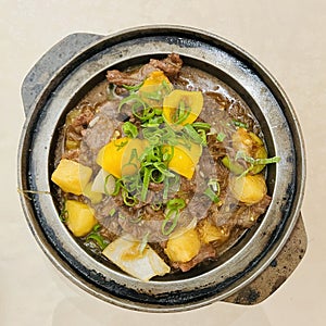 Dish of beef . top view.