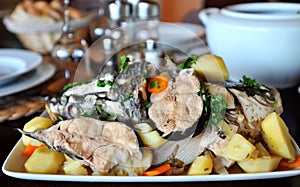 Dish with boiled fish meat