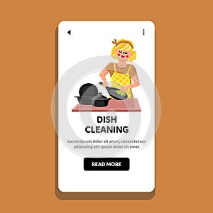 Dish Cleaning Young Housewife On Kitchen Vector