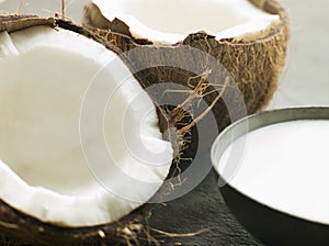 Dish of Coconut Milk with a Split Fresh Coconut