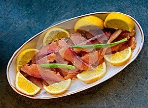 Dish with cold smoked salmon