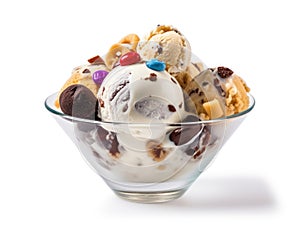 Dish with colored scoops of ice cream with nuts and chocolate chips