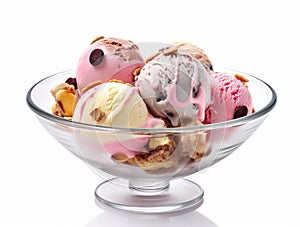 Dish with colored scoops of ice cream with nuts and chocolate chips