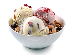 Dish with colored scoops of ice cream with nuts and chocolate chips