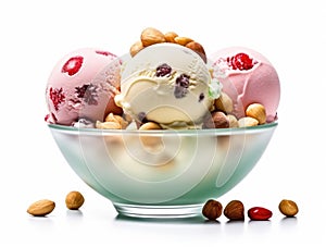 Dish with colored scoops of ice cream with nuts and chocolate chips
