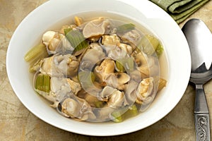 Dish with Common whelks in broth as a Brussel soup close up