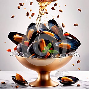 Dish of cooked mussels, shellfish seafood meal