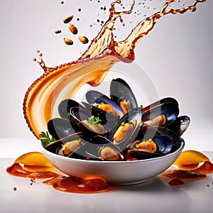 Dish of cooked mussels, shellfish seafood meal