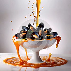 Dish of cooked mussels, shellfish seafood meal