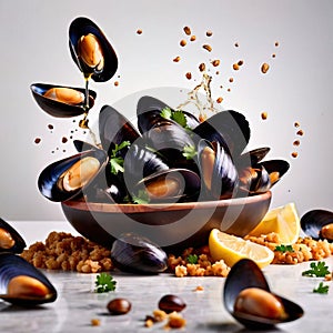 Dish of cooked mussels, shellfish seafood meal
