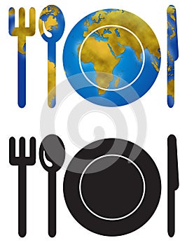 Dish with cutlery symbols with earth map