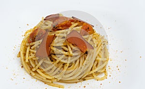 Dish of delicious spaghetti with bottarga, typical Sardinian Cuisine