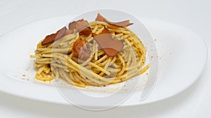 Dish of delicious spaghetti with bottarga, typical Sardinian Cuisine