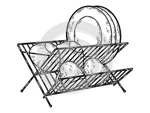 Dish drainer. Sketch scratch board imitation. Black and white.