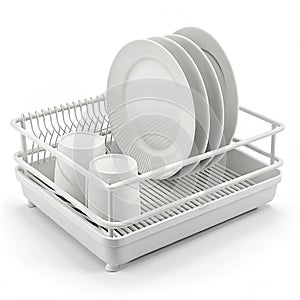Dish drying rack in white plastic on white background