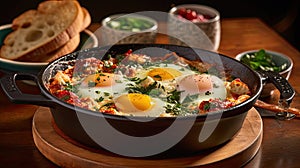a dish of eggs in a pan on a table