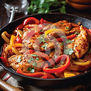 This dish features succulent pieces of chicken combined with a colorful medley