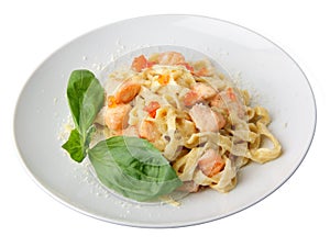 A dish of fettuccine with salmon and caviar