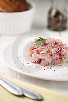 Dish food of raw fish with whitefish on a light surface. national dish of the Northern peoples