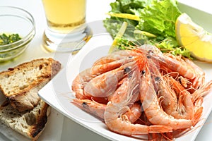 Dish of fresh boiled prawns