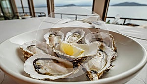 Dish of oysters, a bivalve seafood, on a table by a window photo