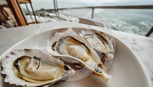 Dish of oysters, a bivalve seafood, on a table by a window photo