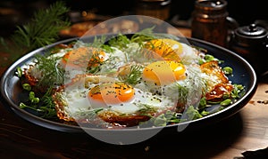 Dish with fried eggs on a blurred background.