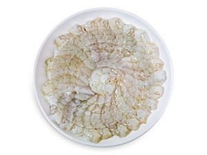 dish full of raw shrimps without head and shell isolated on white background with clipping path