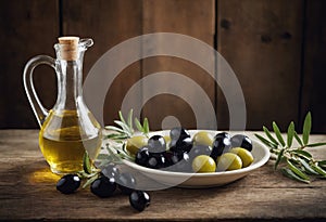 Dish full of selected olives and glass decanter of extra virgin olive oil stand on rural wooden table. Concept of