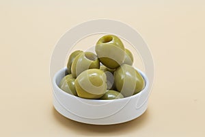 Dish with gordal type olives, typical Spanish Mediterranean appetizer